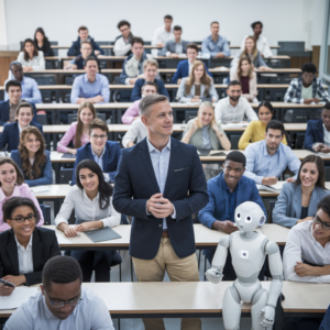 Introduction to Business instructor with robot