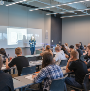 Instructor, standing in her classroom, using her best methods of teaching Introduction to Business